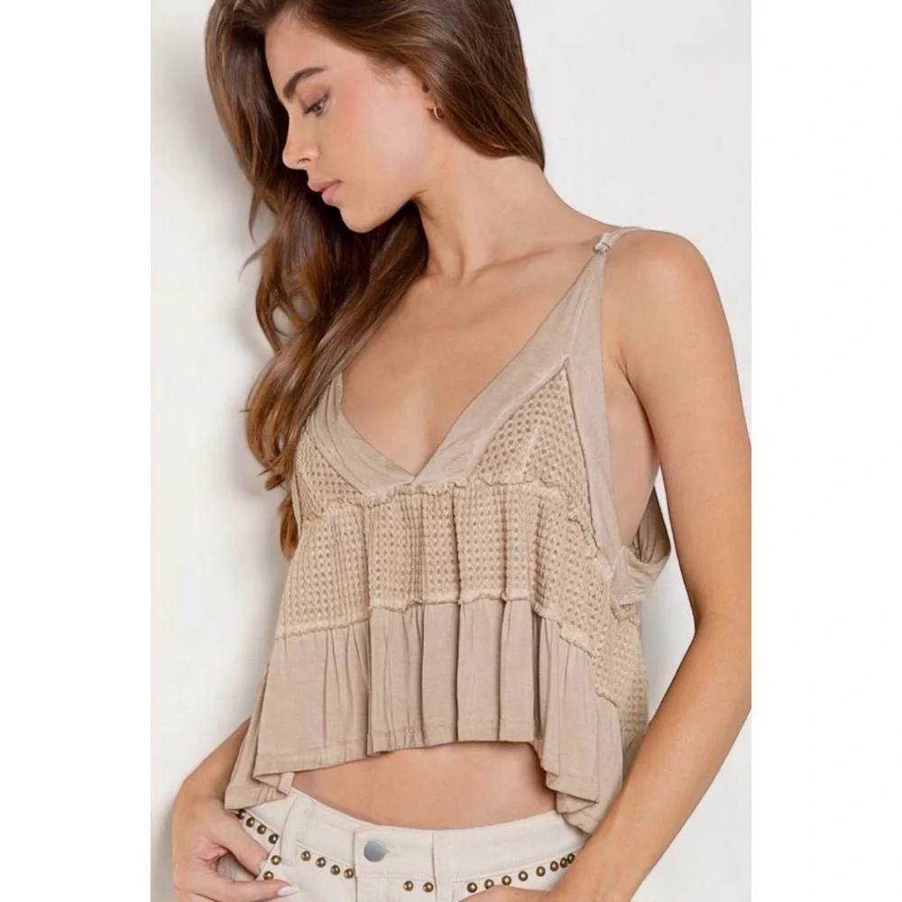 POL Light Tan Waffle Knit Babydoll Tank Top